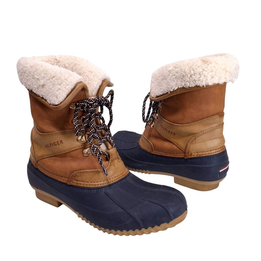 Tommy Hilfiger Shearling Duck‎ Boots Rusteen Women 8M Tan Navy Lace Up Snow Warm
